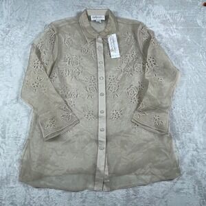 Donna Vinci Womens Top Size 18‎ Beige Floral Embroidered Sheer Button Down